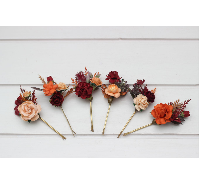 Set of 6 Burnt Orange, Red & Burgundy Flower Hair Pins – Wedding Hair Accessories & Bridesmaid Gifts