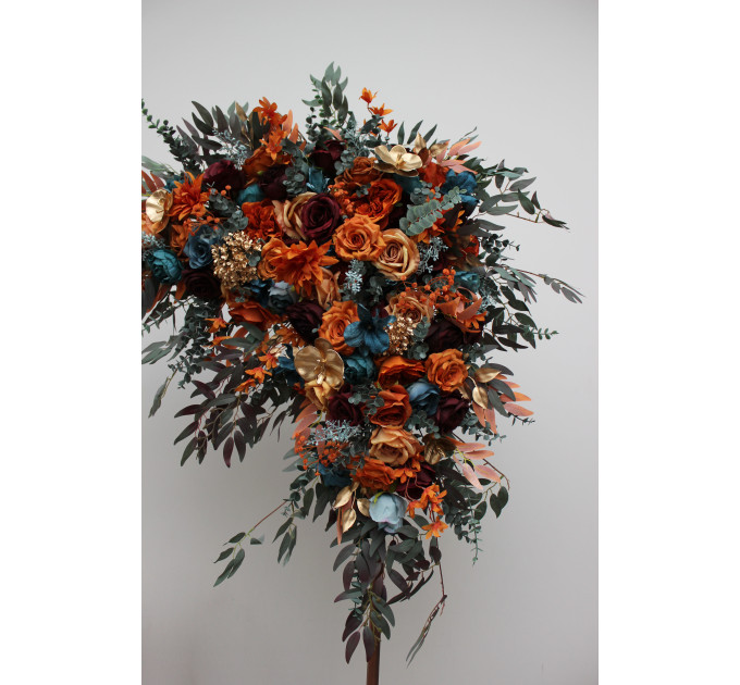 Flower Arch Arrangement in Teal, Rust, Burgundy & Gold | Faux Floral Archway for Wedding