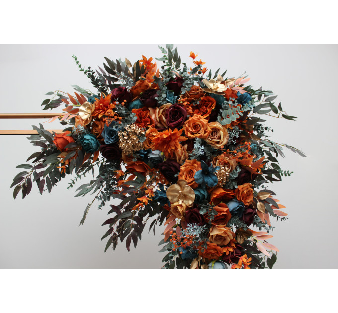 Flower Arch Arrangement in Teal, Rust, Burgundy & Gold | Faux Floral Archway for Wedding