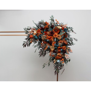  Flower arch arrangement in teal rust burgundy gold colors.  Arbor flowers. Floral archway. Faux flowers for wedding arch. 5311