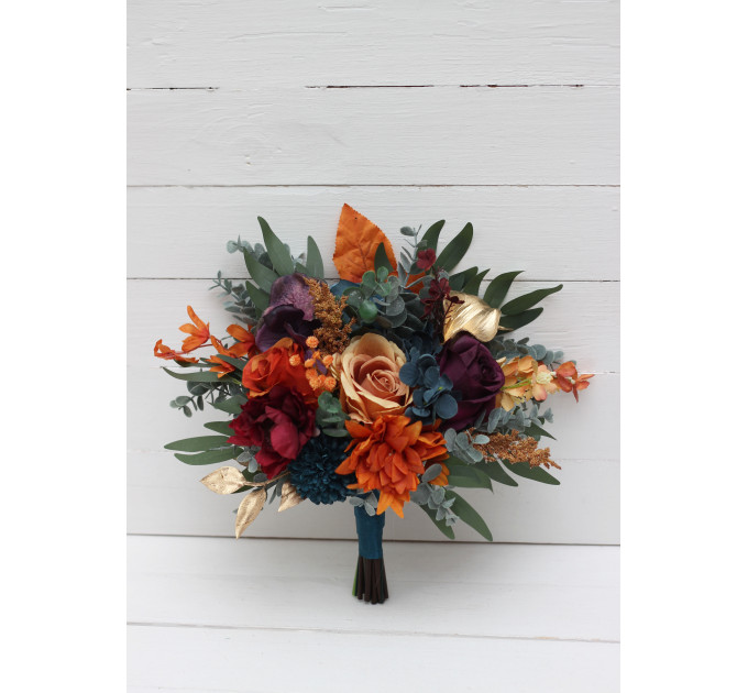 Teal, Rust, Gold, Plum & Mustard Wedding Bouquets – Jewel-Tone Faux Blooms for Bride and Bridesmaids