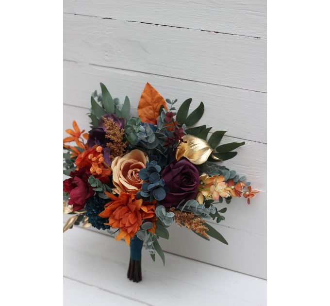 Teal, Rust, Gold, Plum & Mustard Wedding Bouquets – Jewel-Tone Faux Blooms for Bride and Bridesmaids