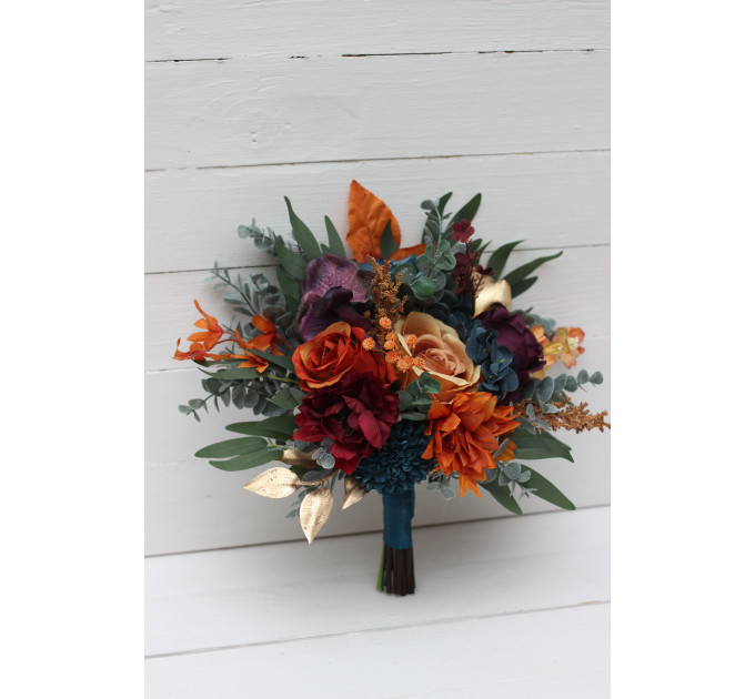 Teal, Rust, Gold, Plum & Mustard Wedding Bouquets – Jewel-Tone Faux Blooms for Bride and Bridesmaids