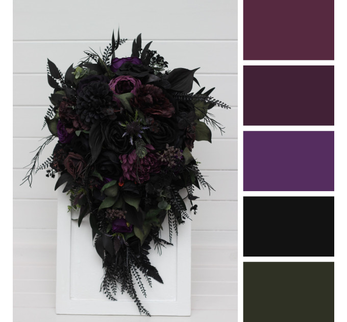 Cascading Bridal & Bridesmaid Bouquets – Gothic Faux Flowers in Deep Purple, Black & Dark Green