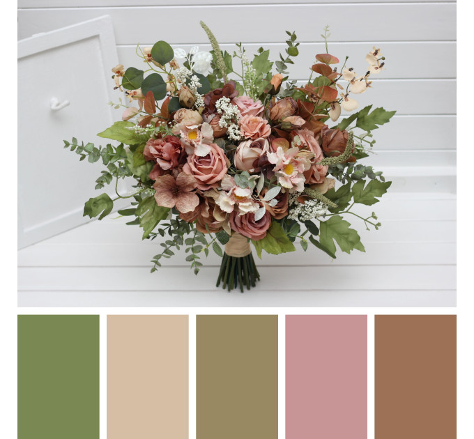 Dusty Rose, Olive, Beige & Brown Bridal Bouquet – Elegant Faux Blooms for Bride and Bridesmaids