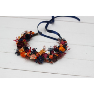Orange burgundy navy blue  flower crown. Hair wreath. Flower girl crown. Wedding flowers. 0045