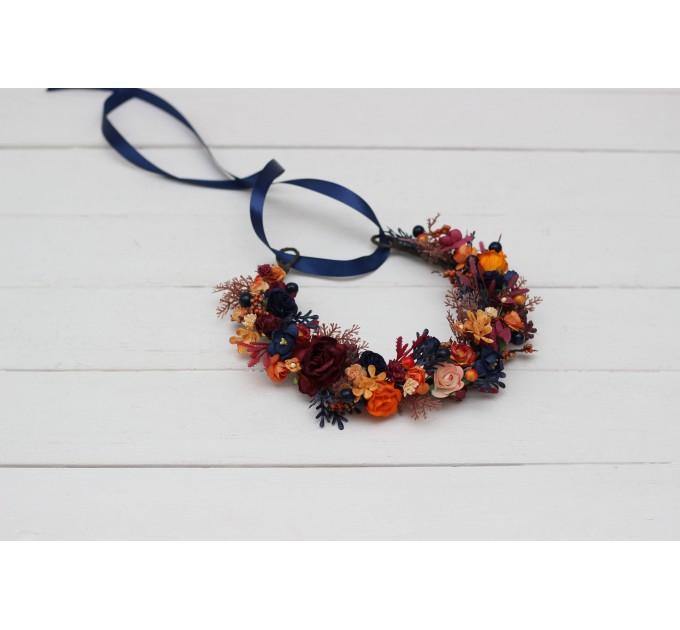 Orange burgundy navy blue  flower crown. Hair wreath. Flower girl crown. Wedding flowers. 0042