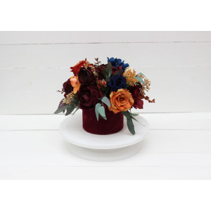 Rust orange burgundy navy blue centerpiece. Table decor. Wedding flowers in box. 0043