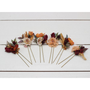  Set of 6 hair pins in rust burgundy cinnamon color scheme. Hair accessories. Flower accessories for wedding.  0044