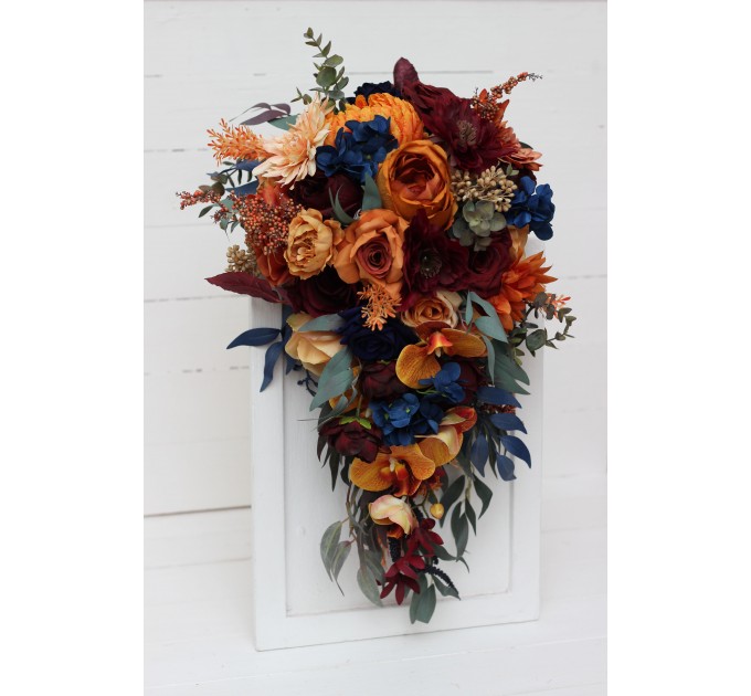 Wedding bouquets in rust orange burgundy navy blue colors. Bridal bouquet. Cascading bouquet. Faux bouquet. Bridesmaid bouquet. 0043