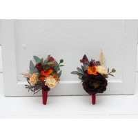  Wedding boutonnieres and wrist corsage  in rust burgundy cinnamon color theme. Flower accessories. 0044