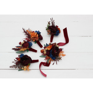  Wedding boutonnieres and wrist corsage  in rust orange burgundy navy blue color theme. Flower accessories. 0043
