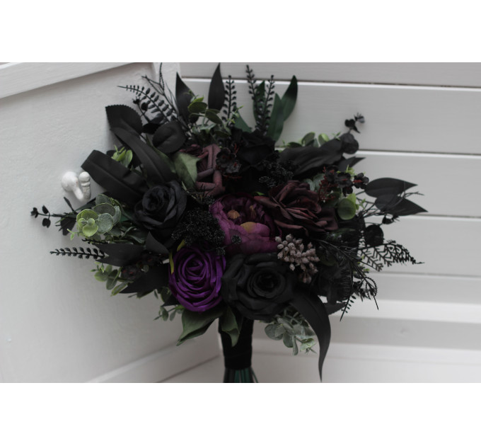 Cascading Bridal & Bridesmaid Bouquets – Gothic Faux Flowers in Deep Purple, Black & Dark Green