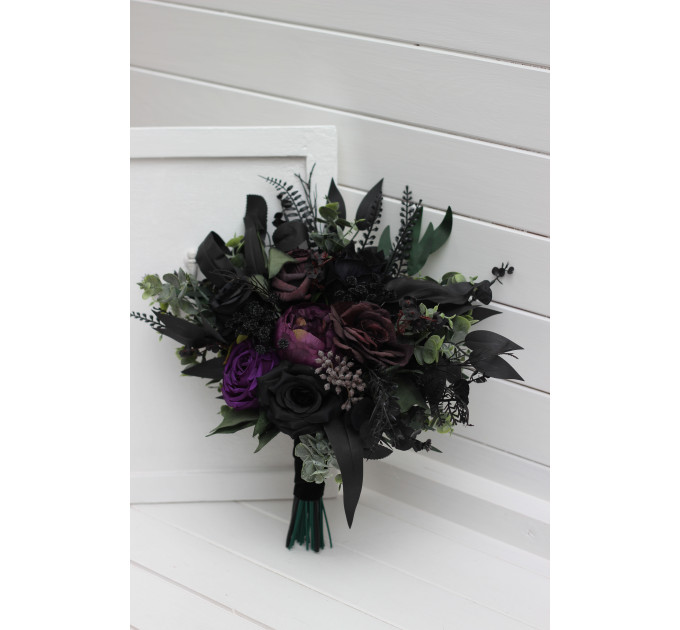 Cascading Bridal & Bridesmaid Bouquets – Gothic Faux Flowers in Deep Purple, Black & Dark Green