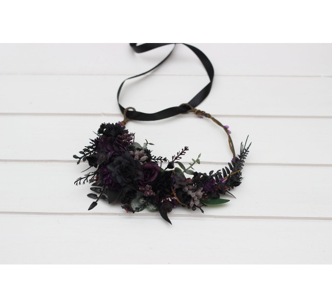Gothic Flower Crown in Deep Purple, Black & Dark Green – Faux Hair Wreath for Weddings and Flower Girls