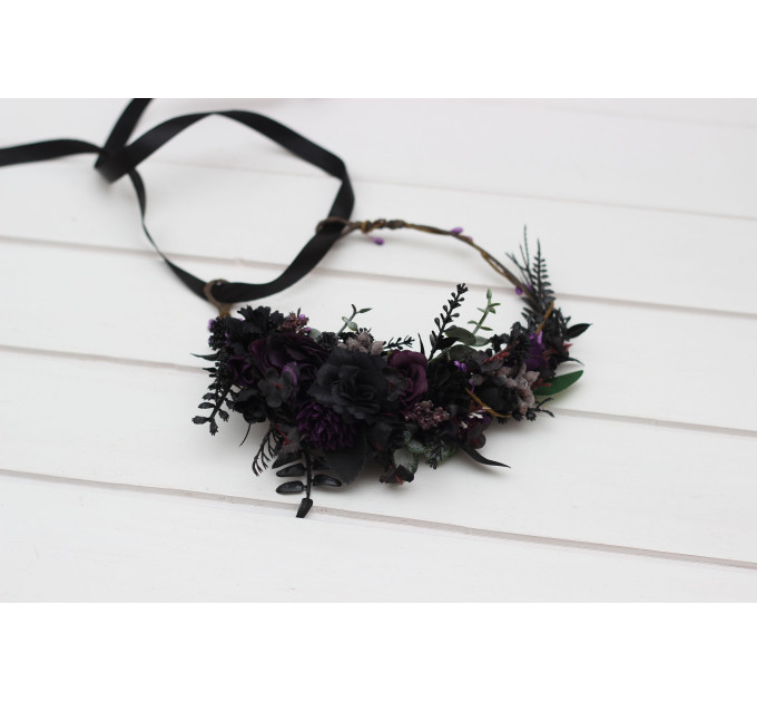 Gothic Flower Crown in Deep Purple, Black & Dark Green – Faux Hair Wreath for Weddings and Flower Girls
