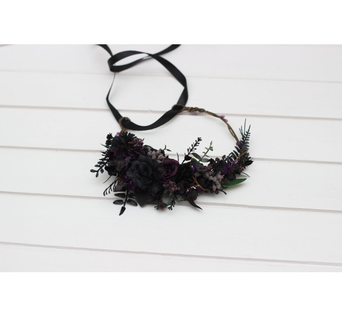 Gothic Flower Crown in Deep Purple, Black & Dark Green – Faux Hair Wreath for Weddings and Flower Girls