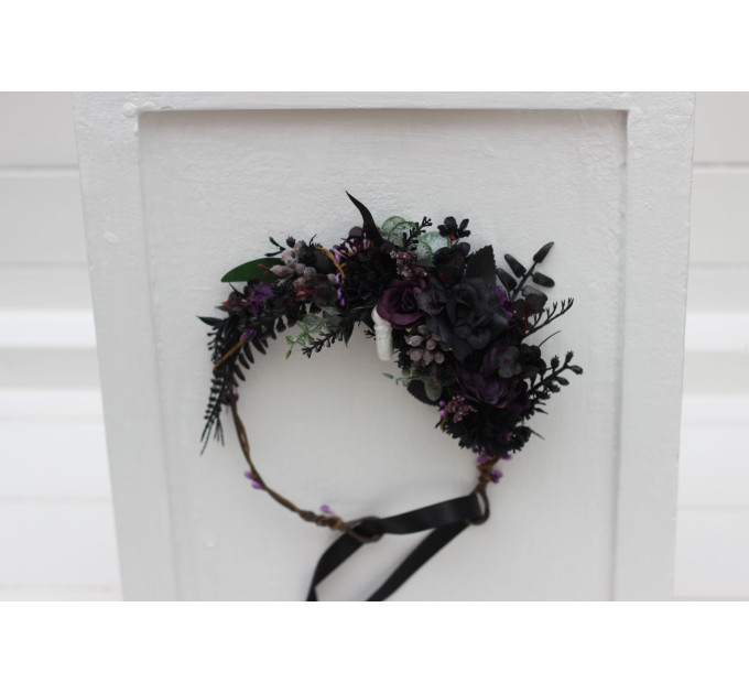 Gothic Flower Crown in Deep Purple, Black & Dark Green – Faux Hair Wreath for Weddings and Flower Girls