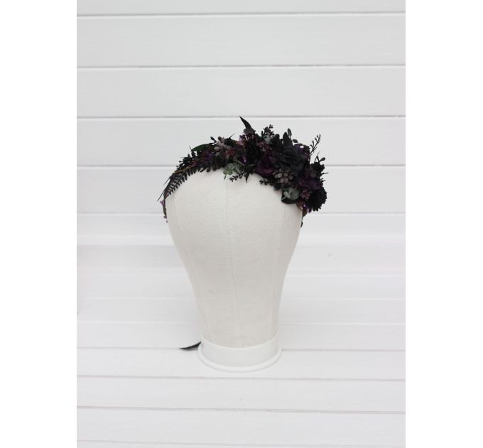 Gothic Flower Crown in Deep Purple, Black & Dark Green – Faux Hair Wreath for Weddings and Flower Girls