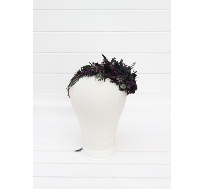 Gothic Flower Crown in Deep Purple, Black & Dark Green – Faux Hair Wreath for Weddings and Flower Girls