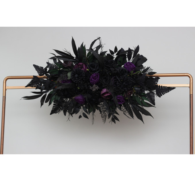 Gothic Flower Arch in Deep Purple, Black & Dark Green – Dramatic Faux Wedding Arbor Arrangement