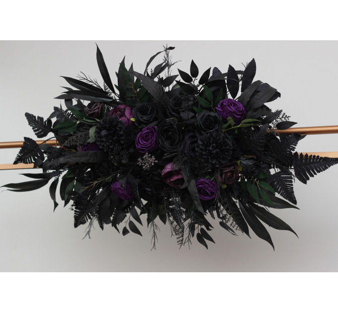 Gothic Flower Arch in Deep Purple, Black & Dark Green – Dramatic Faux Wedding Arbor Arrangement