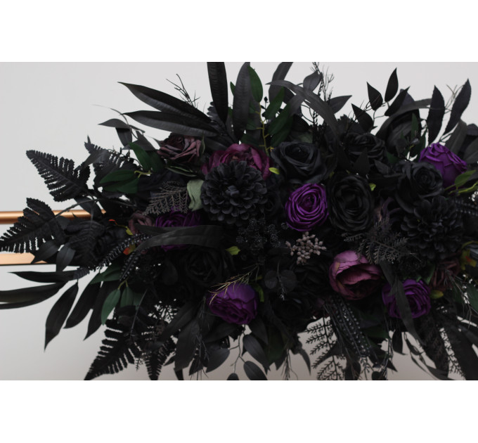 Gothic Flower Arch in Deep Purple, Black & Dark Green – Dramatic Faux Wedding Arbor Arrangement