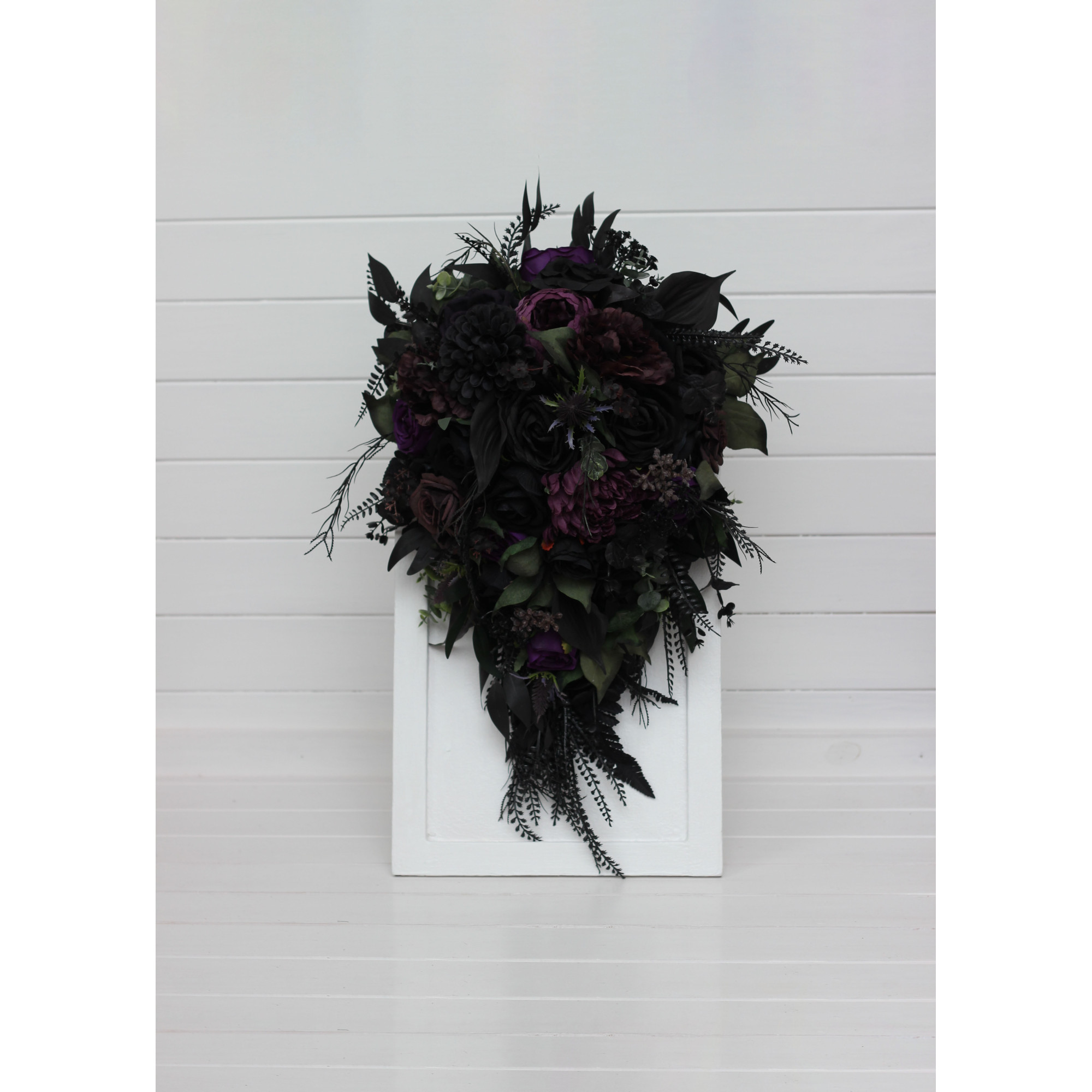 Gothic Wedding Bouquets – Cascading Faux Florals in Purple, Black