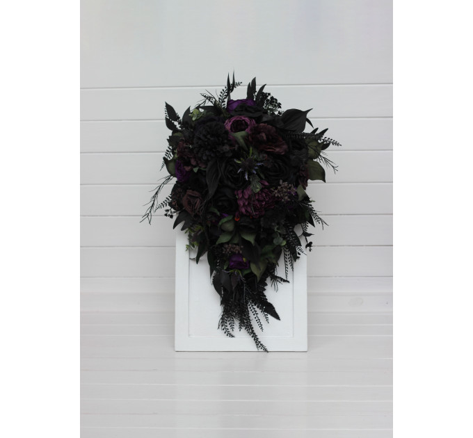 Cascading Bridal & Bridesmaid Bouquets – Gothic Faux Flowers in Deep Purple, Black & Dark Green