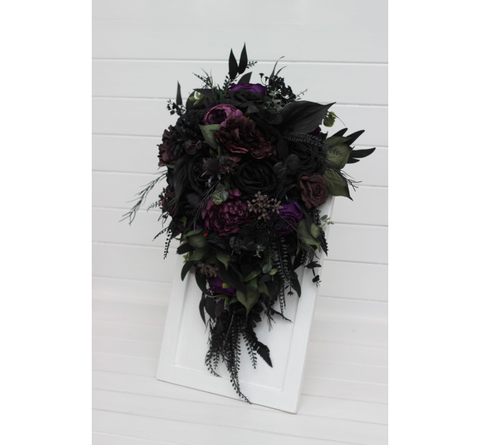 Cascading Bridal & Bridesmaid Bouquets – Gothic Faux Flowers in Deep Purple, Black & Dark Green