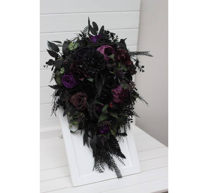 Cascading Bridal & Bridesmaid Bouquets – Gothic Faux Flowers in Deep Purple, Black & Dark Green