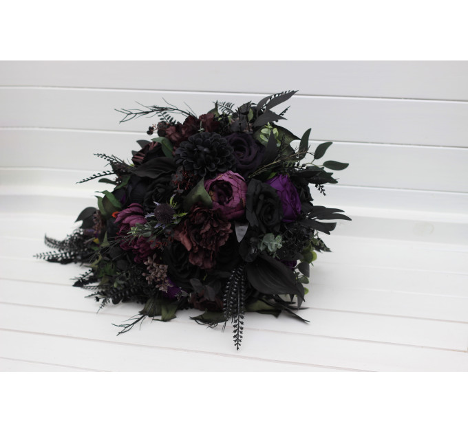 Cascading Bridal & Bridesmaid Bouquets – Gothic Faux Flowers in Deep Purple, Black & Dark Green