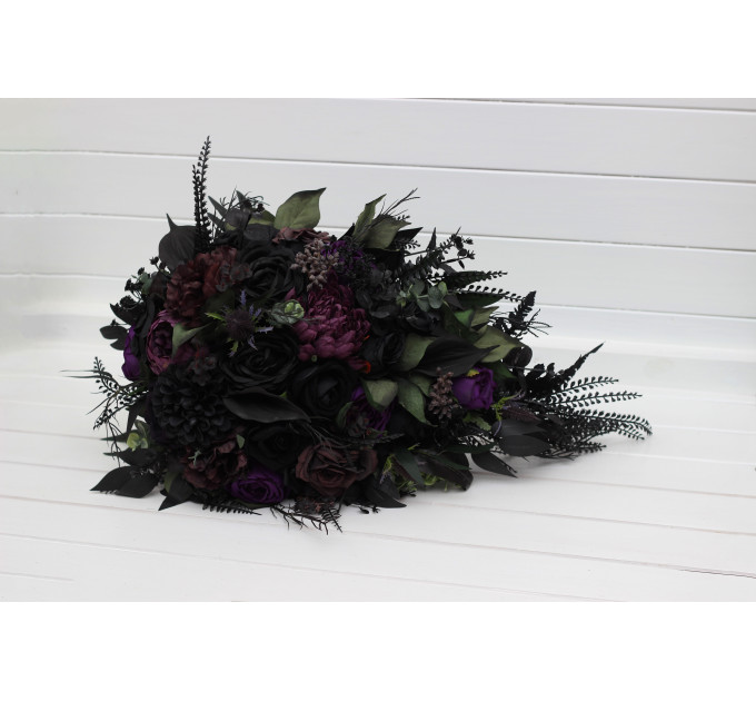 Cascading Bridal & Bridesmaid Bouquets – Gothic Faux Flowers in Deep Purple, Black & Dark Green