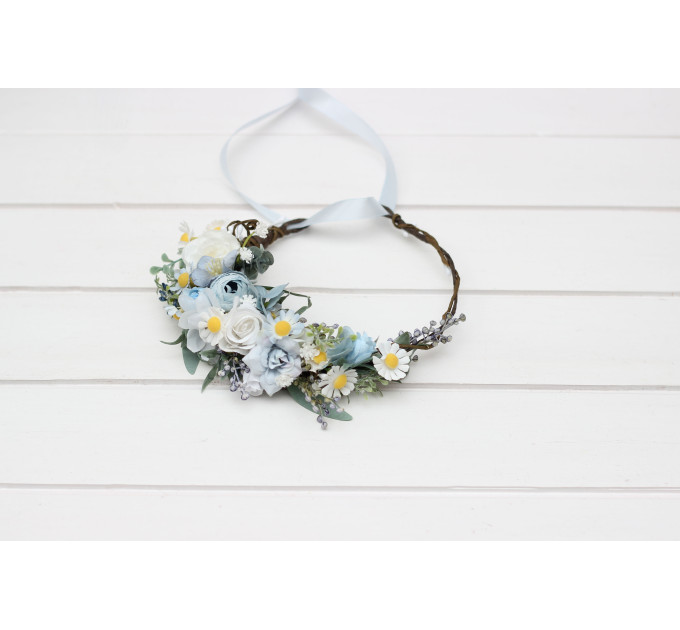 White & Sky Blue Flower Crown with Daisies – Delicate Faux Hair Wreath for Weddings and Flower Girls