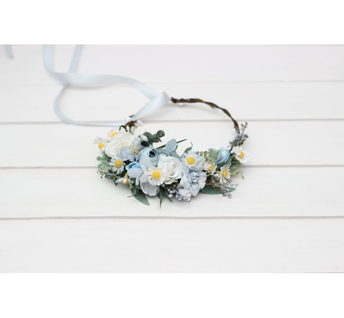 White & Sky Blue Flower Crown with Daisies – Delicate Faux Hair Wreath for Weddings and Flower Girls