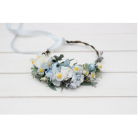 White sky blue flower crown with daisies. Wildflowers hair wreath. Flower girl crown. Wedding flowers. 5253