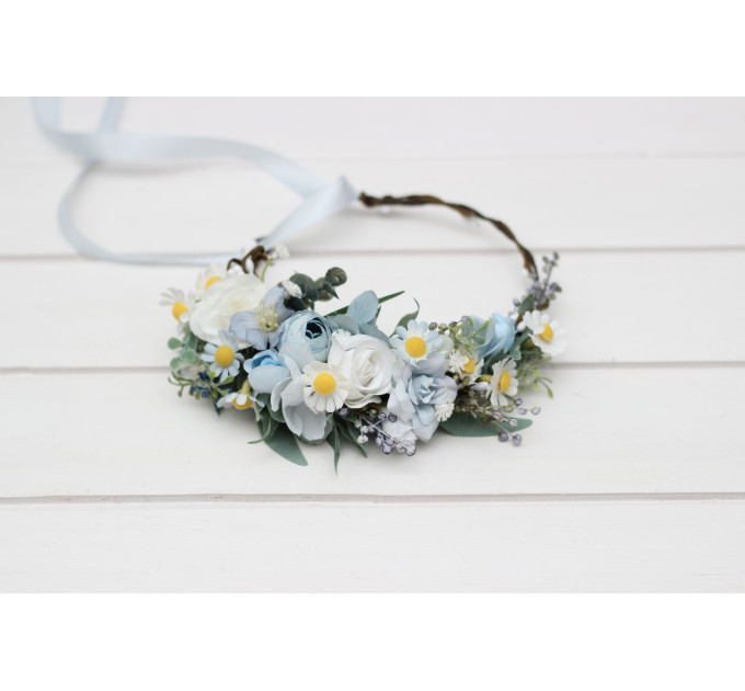 White & Sky Blue Flower Crown with Daisies – Delicate Faux Hair Wreath for Weddings and Flower Girls