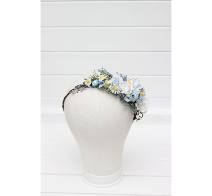 White & Sky Blue Flower Crown with Daisies – Delicate Faux Hair Wreath for Weddings and Flower Girls