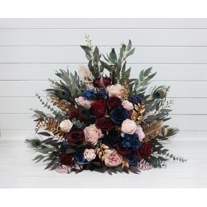 Standing flowers in burgundy navy blue gold pink color scheme with peacock feathers. Aisle flowers. Wedding decorations. Floor flowers. 5221