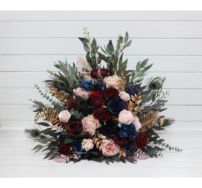 Burgundy, Navy & Gold Standing Flowers with Peacock Feathers – Luxe Wedding Aisle & Floor Décor