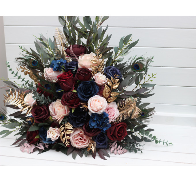 Burgundy, Navy & Gold Standing Flowers with Peacock Feathers – Luxe Wedding Aisle & Floor Décor