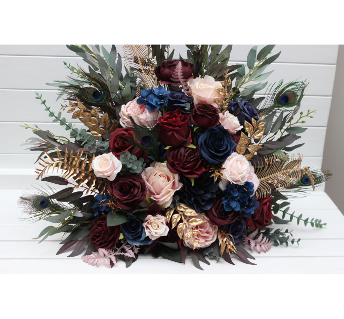 Burgundy, Navy & Gold Standing Flowers with Peacock Feathers – Luxe Wedding Aisle & Floor Décor