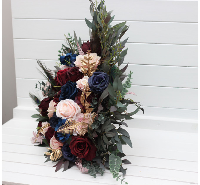 Burgundy, Navy & Gold Standing Flowers with Peacock Feathers – Luxe Wedding Aisle & Floor Décor