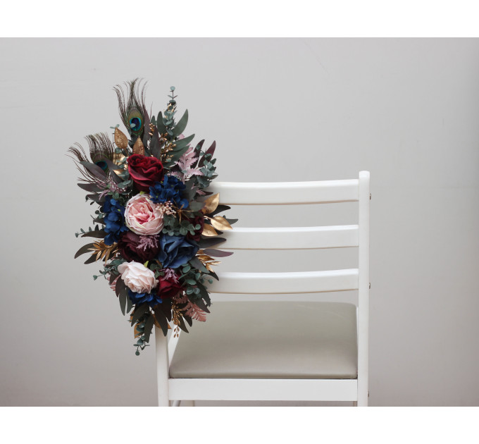 Aisle Flowers with Peacock Feathers – Burgundy, Navy, Gold & Pink Wedding Decor Accents