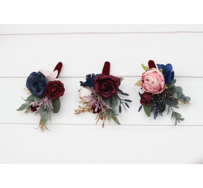 Burgundy, Navy Blue, Gold & Pink Wedding Boutonnieres and Wrist Corsages – Faux Floral Accessories