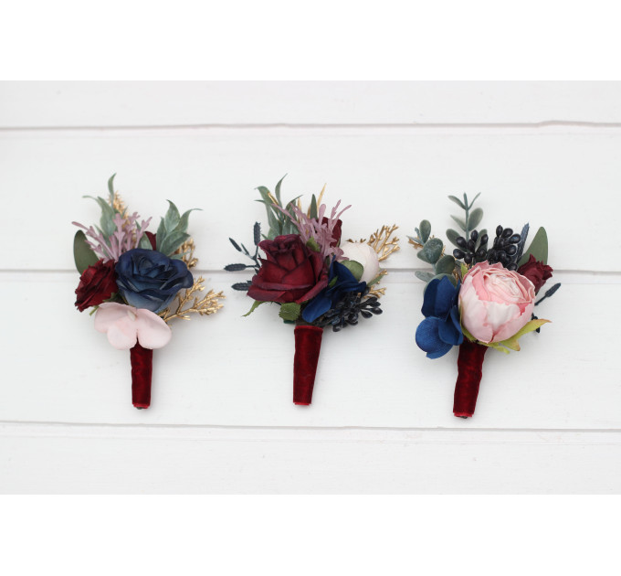 Burgundy, Navy Blue, Gold & Pink Wedding Boutonnieres and Wrist Corsages – Faux Floral Accessories
