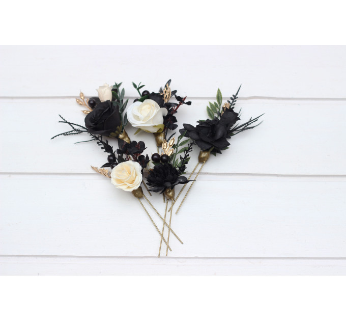 Set of 5 Black, Gold, Ivory & Green Hair Pins – Gothic Faux Flower Accessories for Bridesmaids