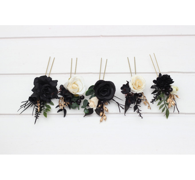 Set of 5 Black, Gold, Ivory & Green Hair Pins – Gothic Faux Flower Accessories for Bridesmaids
