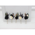 Set of 5 Black, Gold, Ivory & Green Hair Pins – Gothic Faux Flower Accessories for Bridesmaids