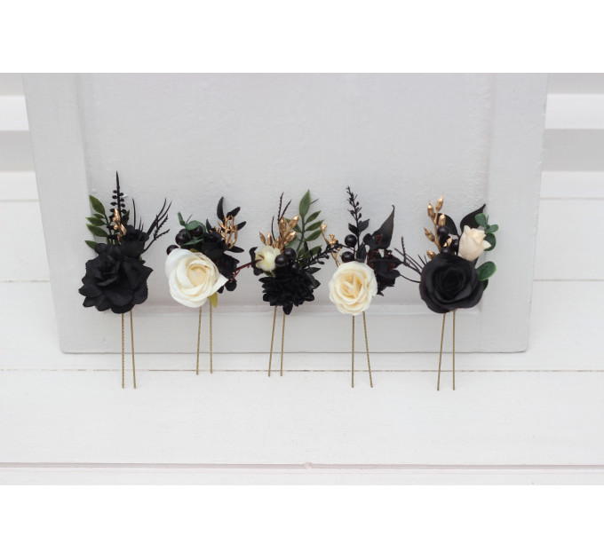 Set of 5 Black, Gold, Ivory & Green Hair Pins – Gothic Faux Flower Accessories for Bridesmaids